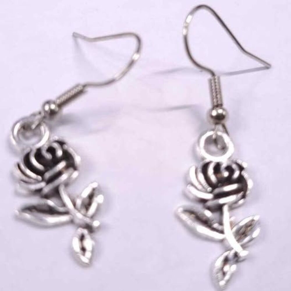 New Silver Tone Rose Flowers Dangle Earrings Floral Nature Hooks Pierce